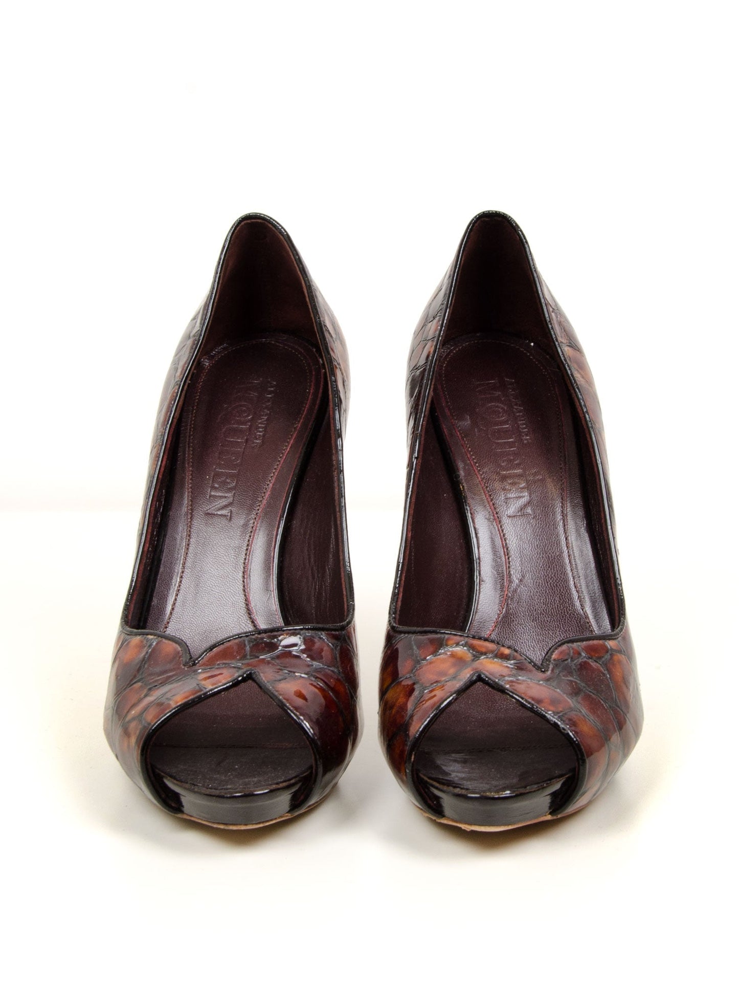 Embossed Leather Peep Toe Pumps
