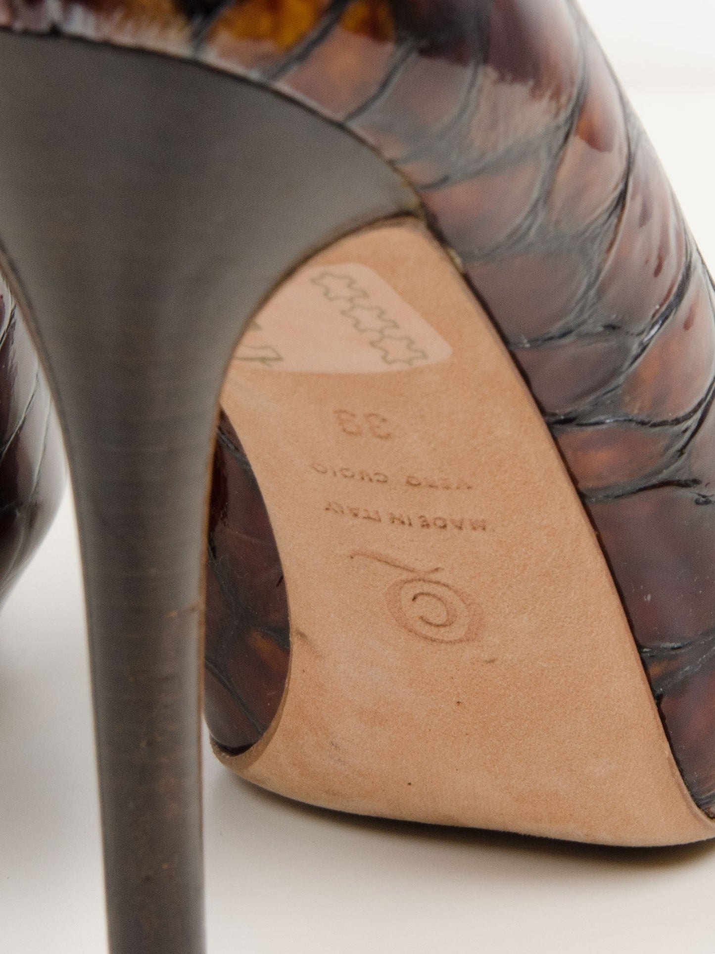 Embossed Leather Peep Toe Pumps