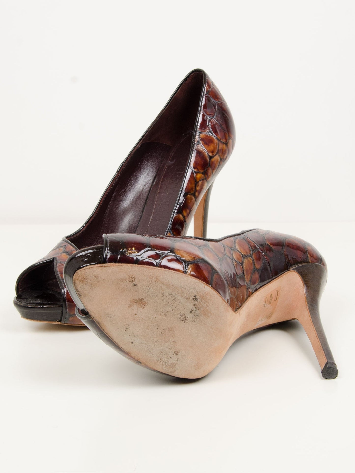 Embossed Leather Peep Toe Pumps