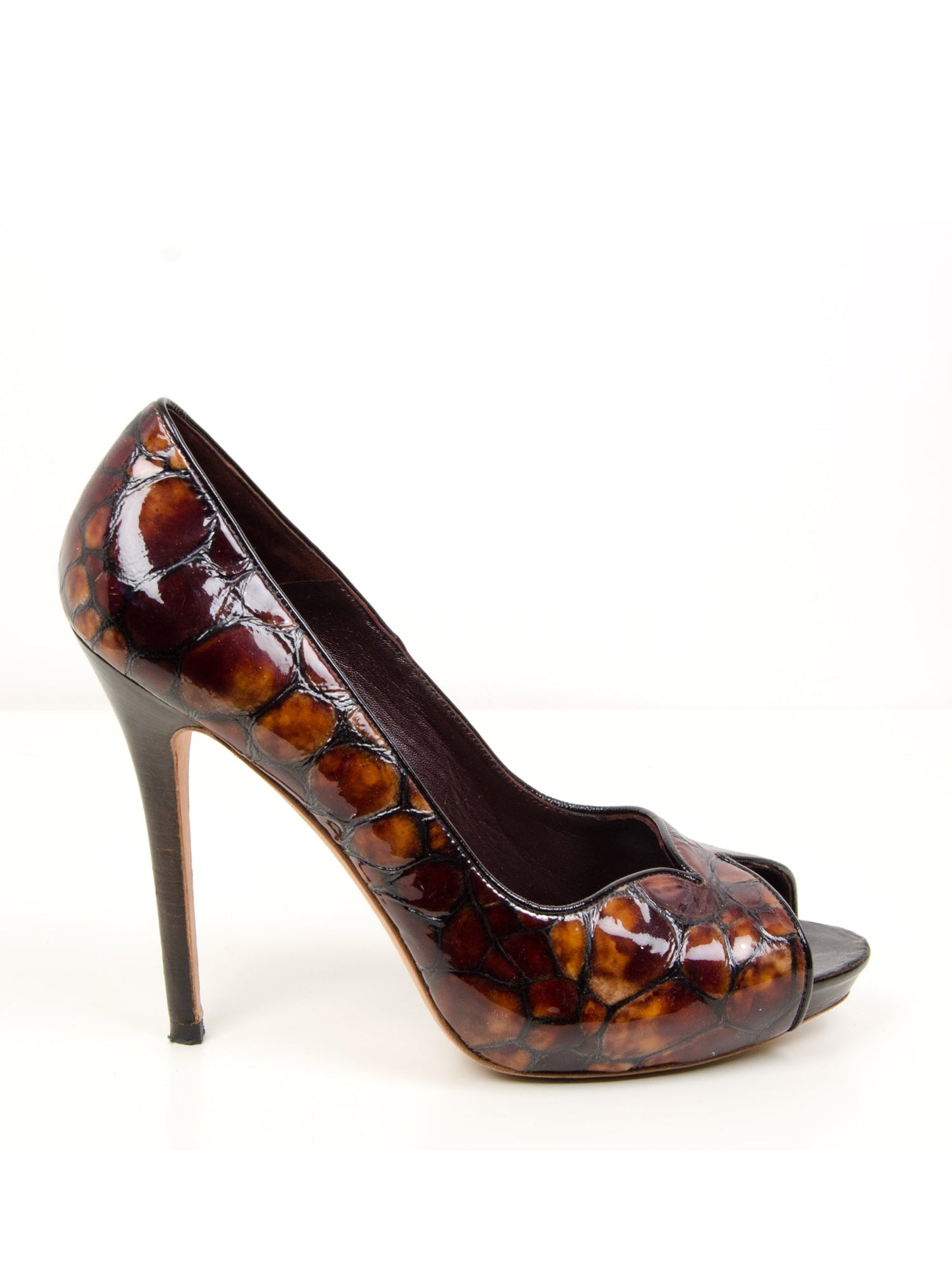Embossed Leather Peep Toe Pumps