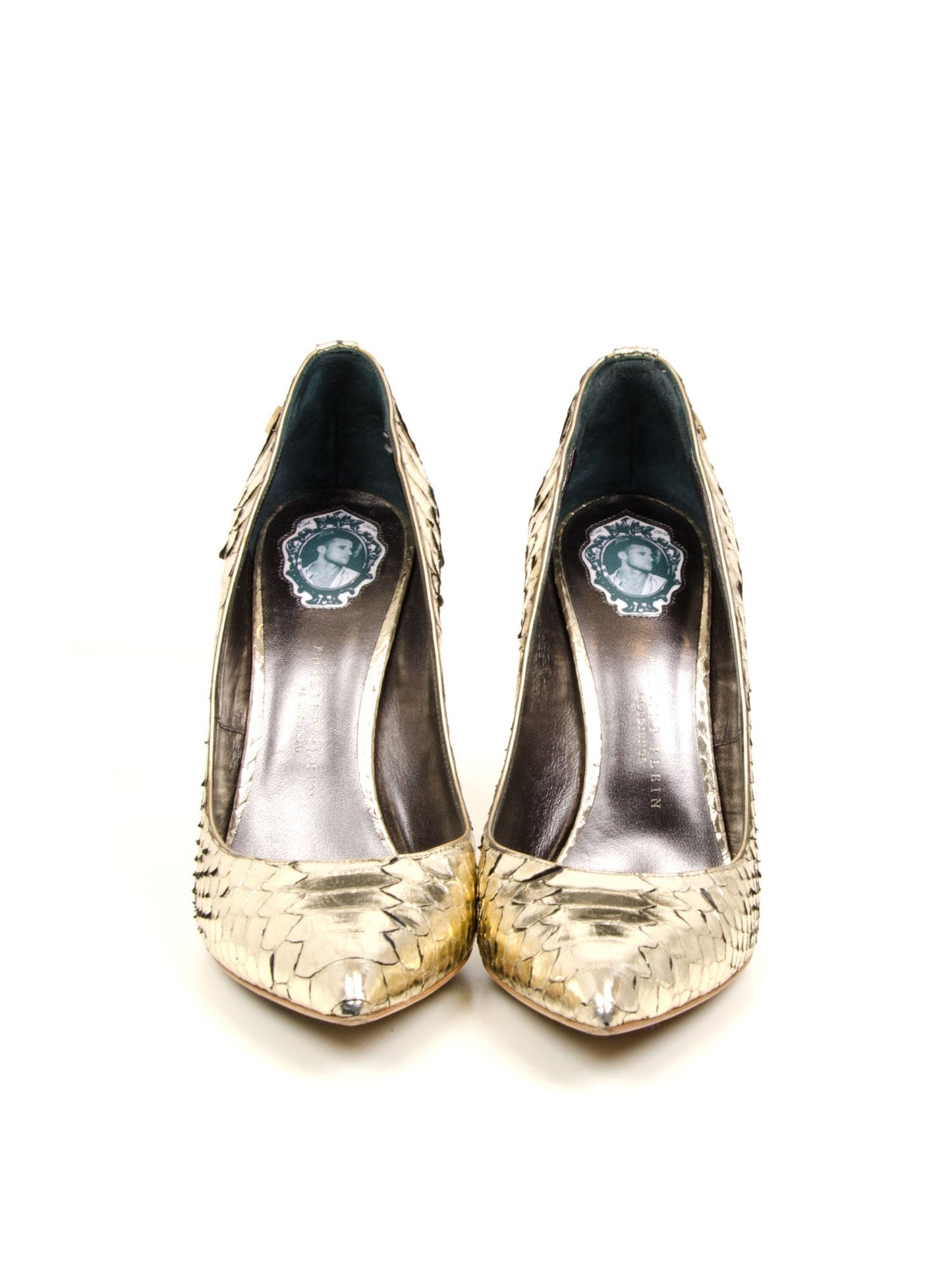 Gold Snakeskin Pointed Spike Pumps