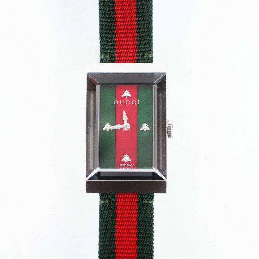 Gucci Green Red Rectangular Watch With Striped Nylon Strap