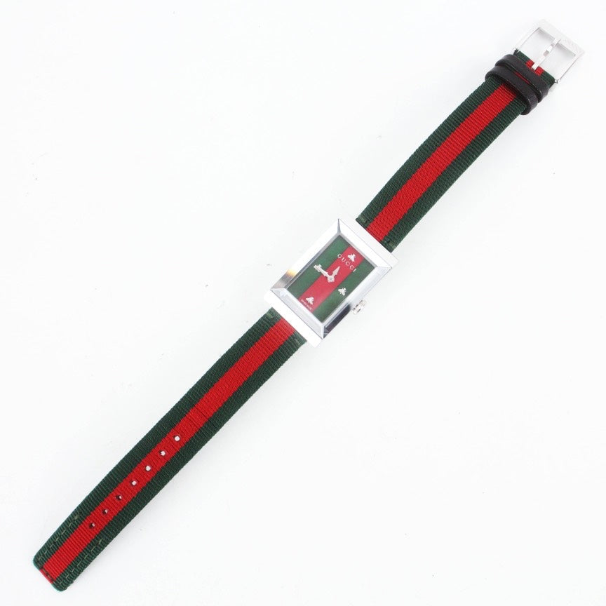 Gucci Green Red Rectangular Watch With Striped Nylon Strap