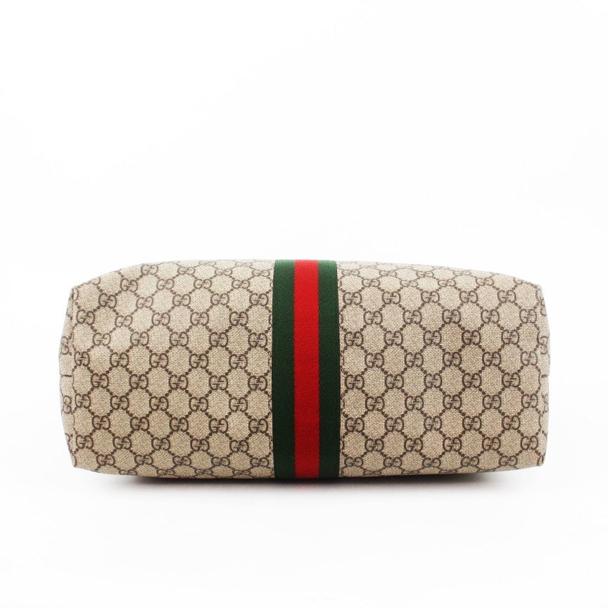 Gucci Ophidia Beige GG Supreme Canvas Brown Leather Trim Tote Bag Medium