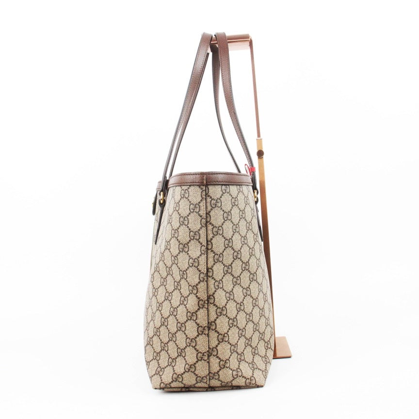 Gucci Ophidia Beige GG Supreme Canvas Brown Leather Trim Tote Bag Medium