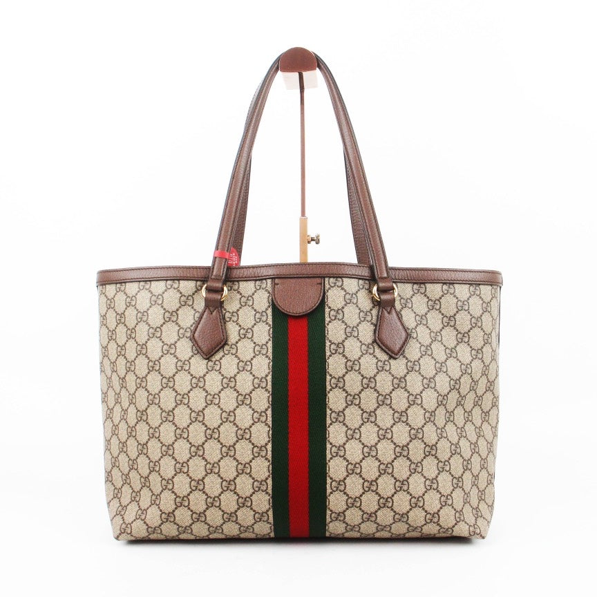 Gucci Ophidia Beige GG Supreme Canvas Brown Leather Trim Tote Bag Medium