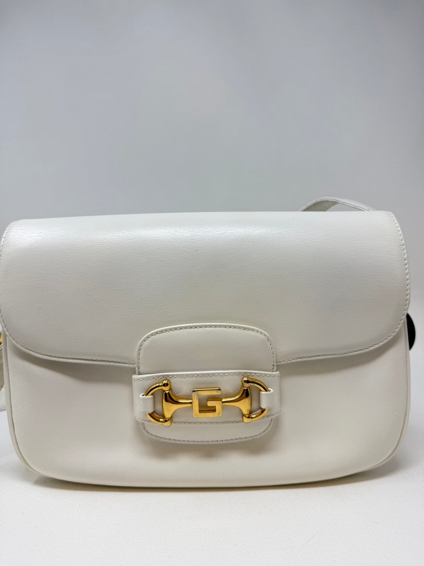 Gucci White Leather Horsebit Bag Medium