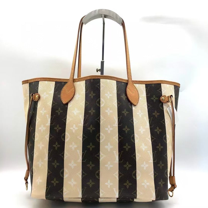 Louis Vuitton Neverfull MM Monogram Canvas Striped Tote Bag Brown Beige