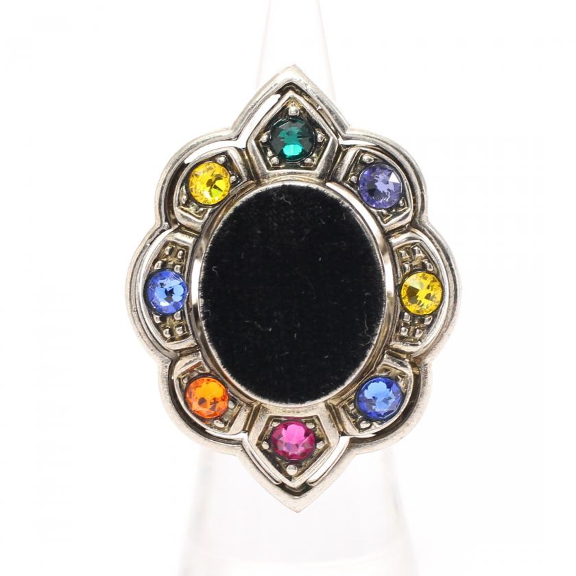 Gucci Silver Multicolor Rhinestone Fabric Ring - Black Centerpiece, Size 7