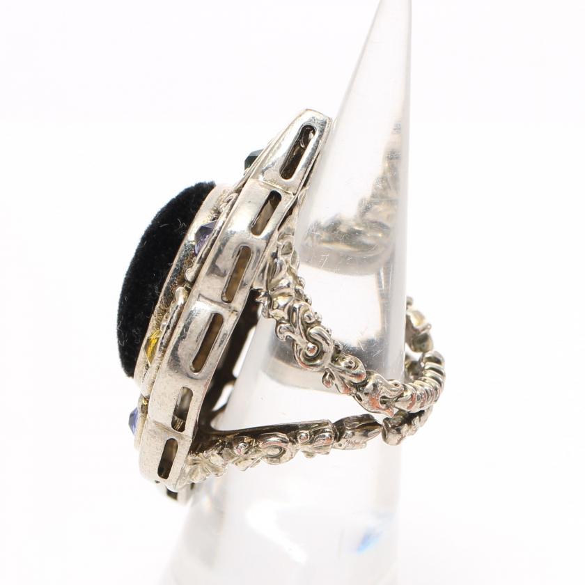 Gucci Silver Multicolor Rhinestone Fabric Ring - Black Centerpiece, Size 7
