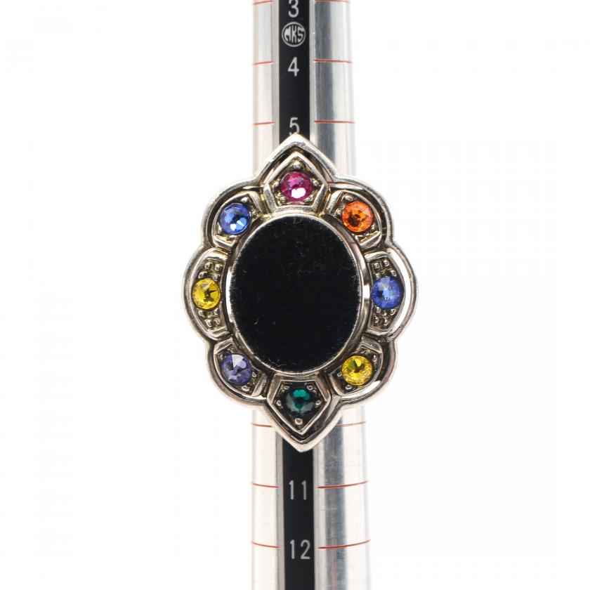 Gucci Silver Multicolor Rhinestone Fabric Ring - Black Centerpiece, Size 7