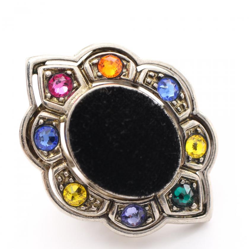 Gucci Silver Multicolor Rhinestone Fabric Ring - Black Centerpiece, Size 7