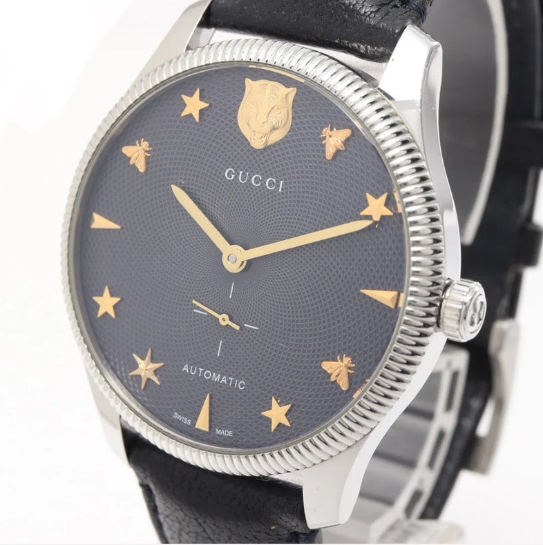 Gucci G-Timeless Automatic Watch 40mm Grey Dial Stainless Steel Case Black Leather Strap