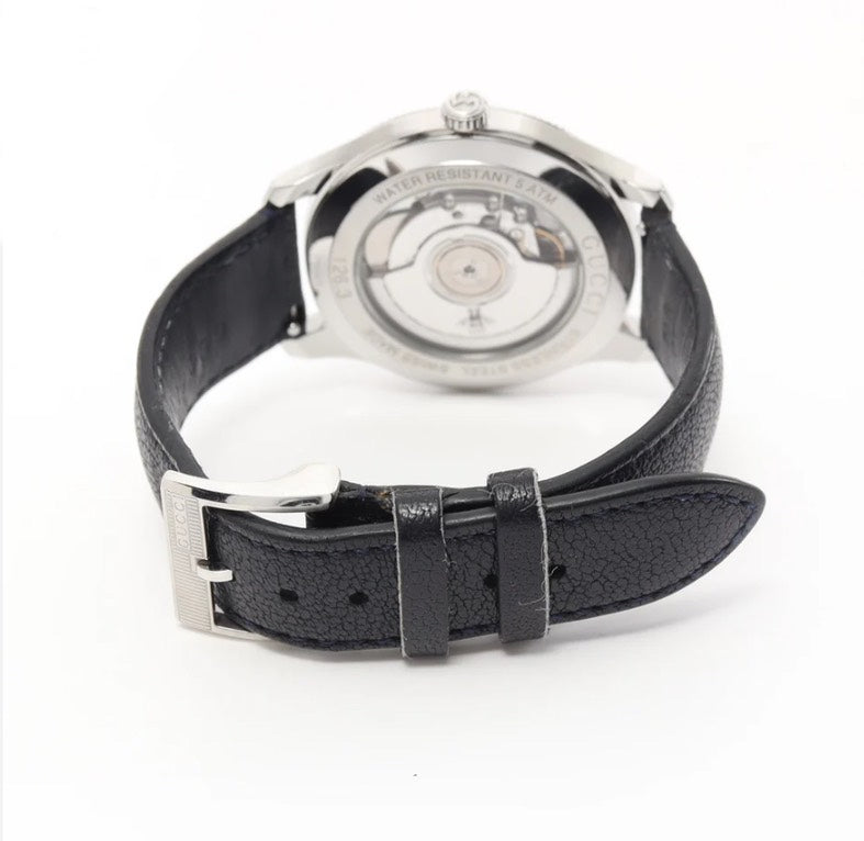 Gucci G-Timeless Automatic Watch 40mm Grey Dial Stainless Steel Case Black Leather Strap