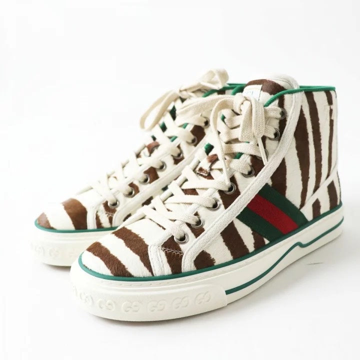 Gucci Zebra Print High-Top Sneakers with Green and Red Stripe, Size [Specify Size]