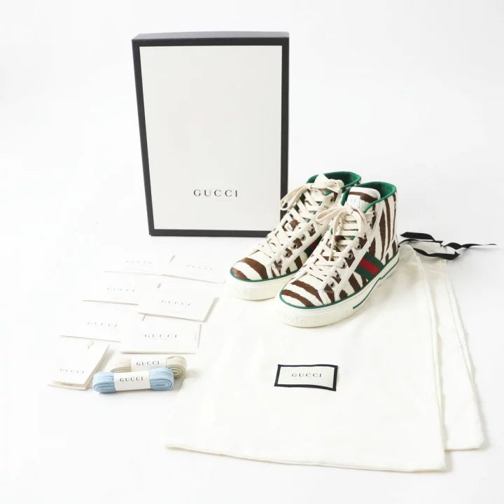 Gucci Zebra Print High-Top Sneakers with Green and Red Stripe, Size [Specify Size]