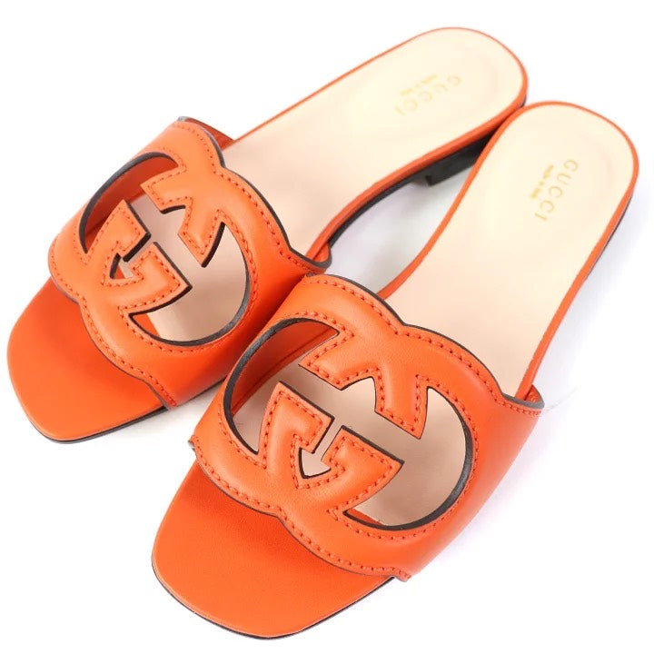 Gucci Interlocking G Orange Slide Sandals, Size 36