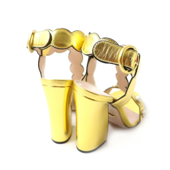Gucci Metallic Gold Leather Pearl Embellished Sandals Size 36