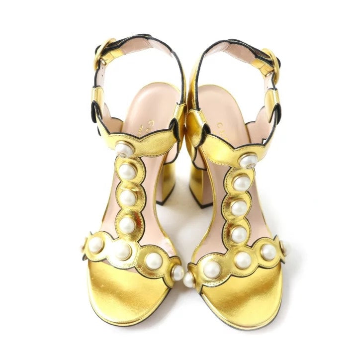Gucci Metallic Gold Leather Pearl Embellished Sandals Size 36