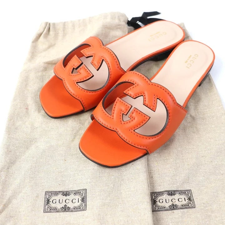 Gucci Orange Leather Slide Sandals - Size 36