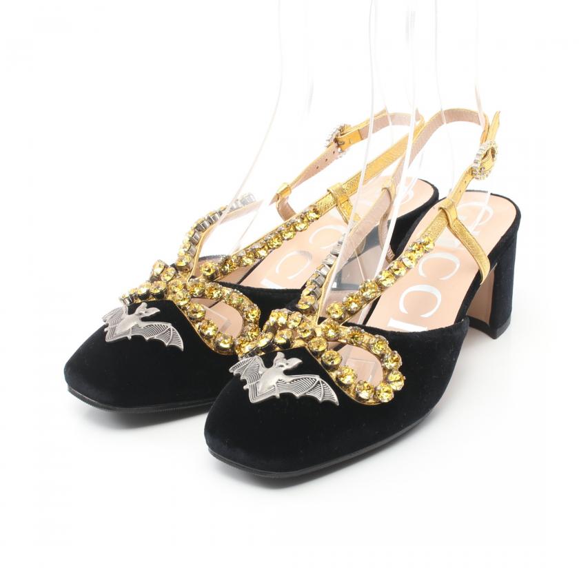 Gucci Velor Black Gold Bijou Back Strap Pumps