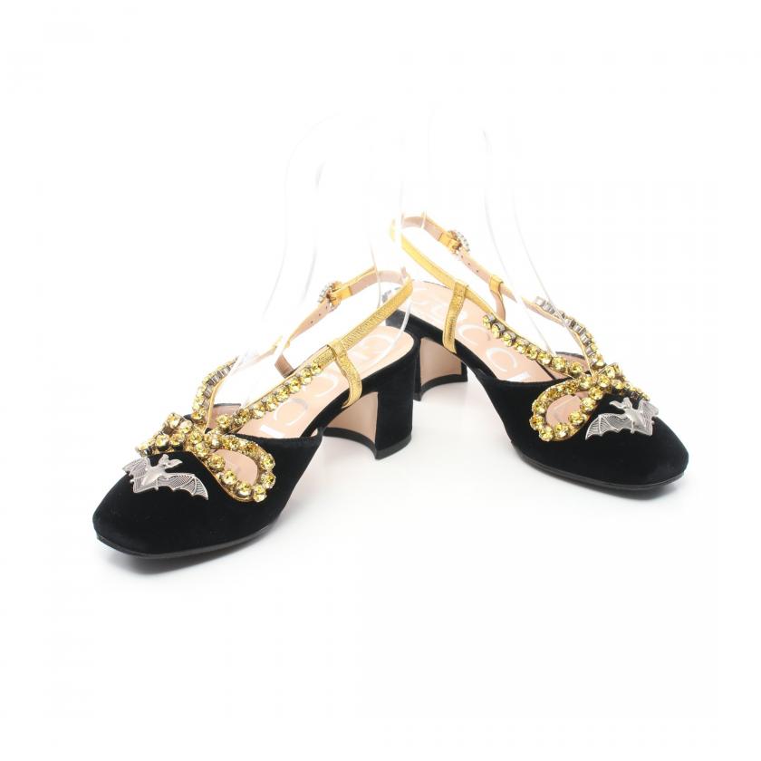 Gucci Velor Black Gold Bijou Back Strap Pumps