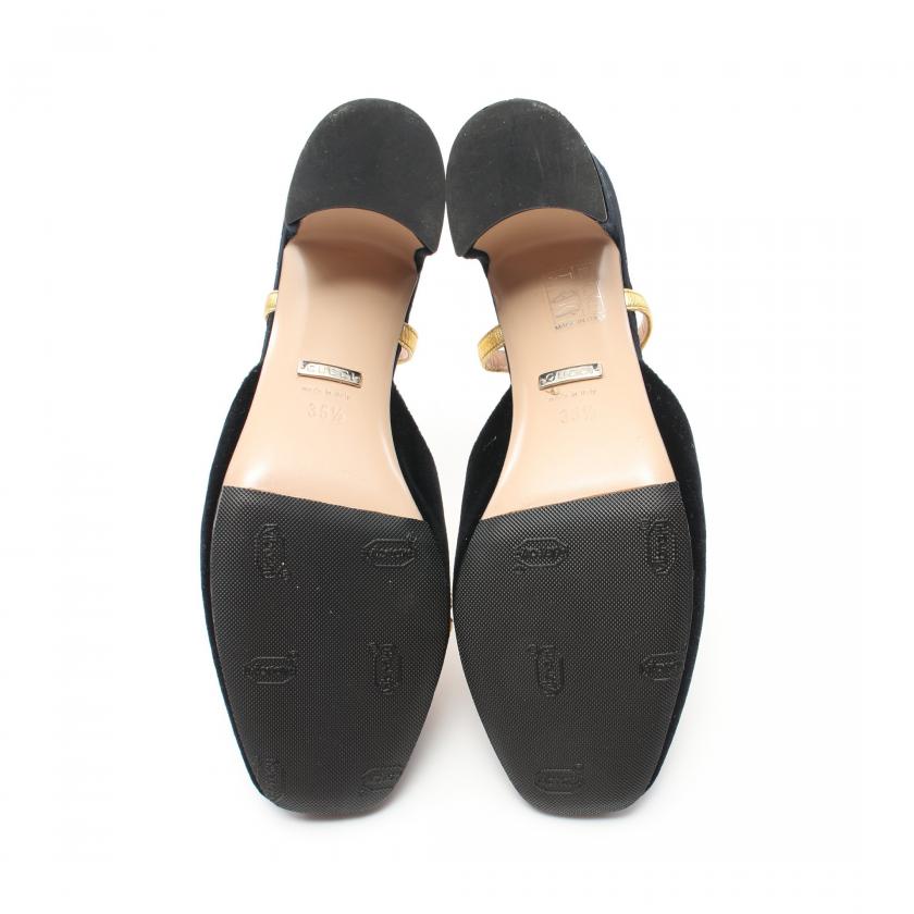 Gucci Velor Black Gold Bijou Back Strap Pumps