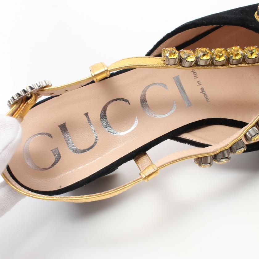 Gucci Velor Black Gold Bijou Back Strap Pumps