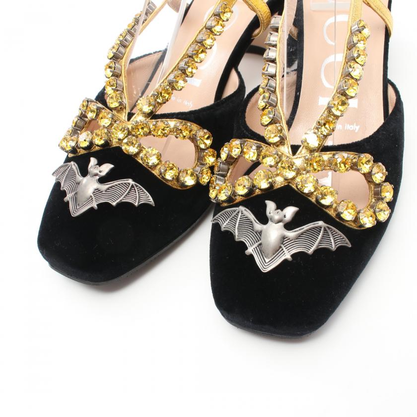 Gucci Velor Black Gold Bijou Back Strap Pumps