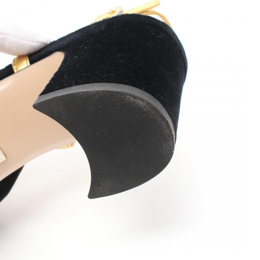 Gucci Velor Black Gold Bijou Back Strap Pumps