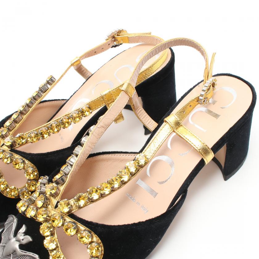 Gucci Velor Black Gold Bijou Back Strap Pumps