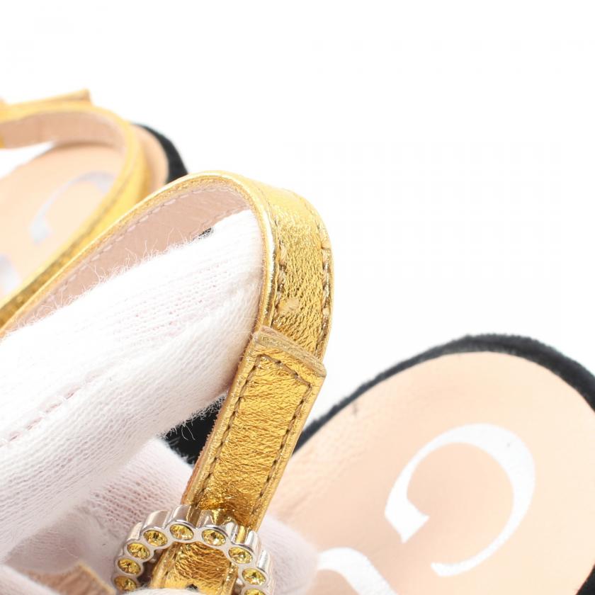 Gucci Velor Black Gold Bijou Back Strap Pumps