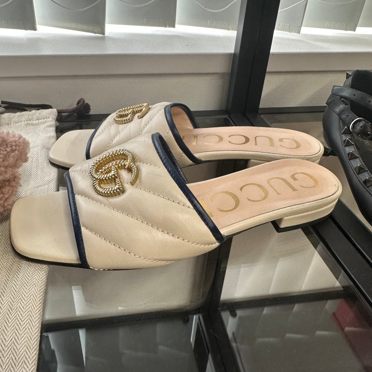 Gucci White Slide Sandals with Gold GG Logo, Size 38