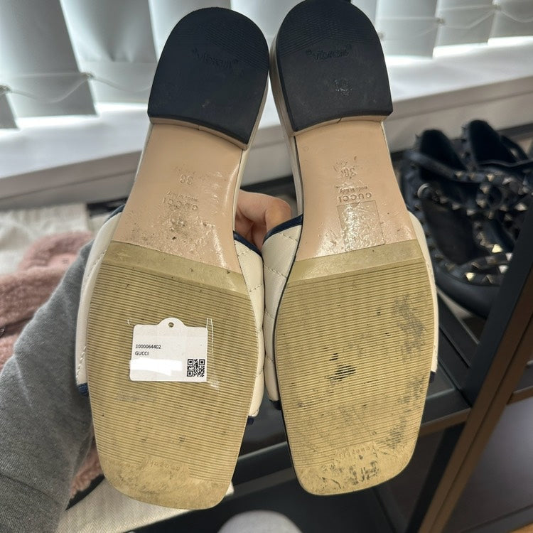 Gucci White Slide Sandals with Gold GG Logo, Size 38