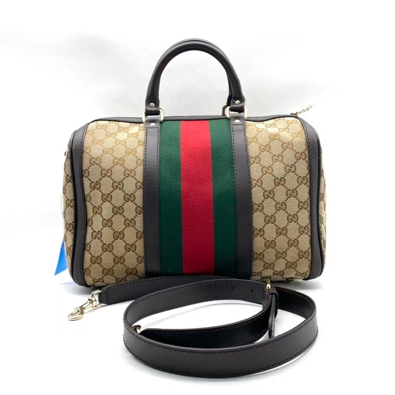 Gucci GG Supreme Canvas Beige/Brown Two-Way Boston Bag with Red and Green Web Stripe
