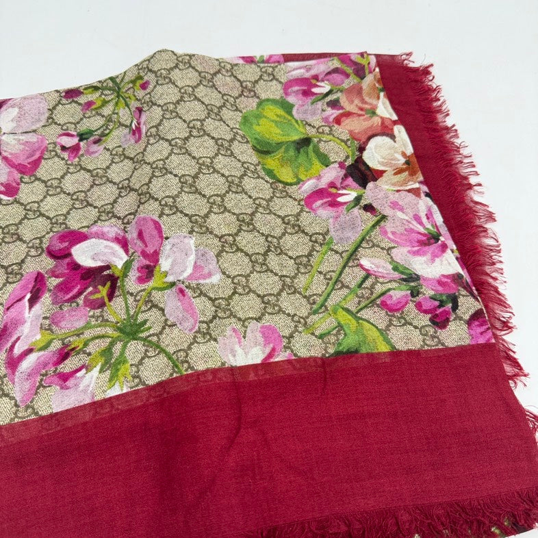 Gucci Wool Silk Floral Print Scarf with Red Border - Multicolor, One Size