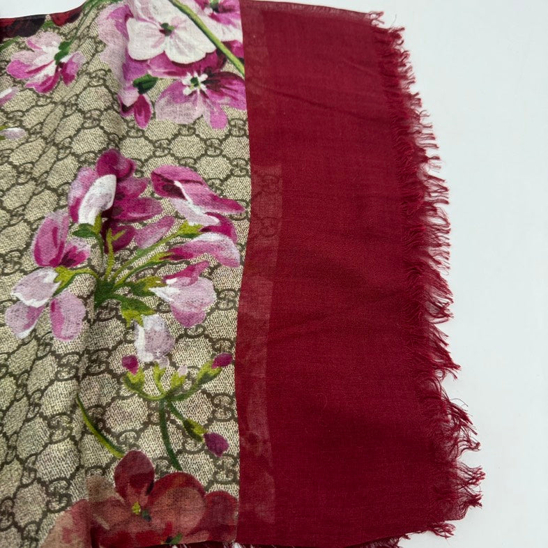 Gucci Wool Silk Floral Print Scarf with Red Border - Multicolor, One Size