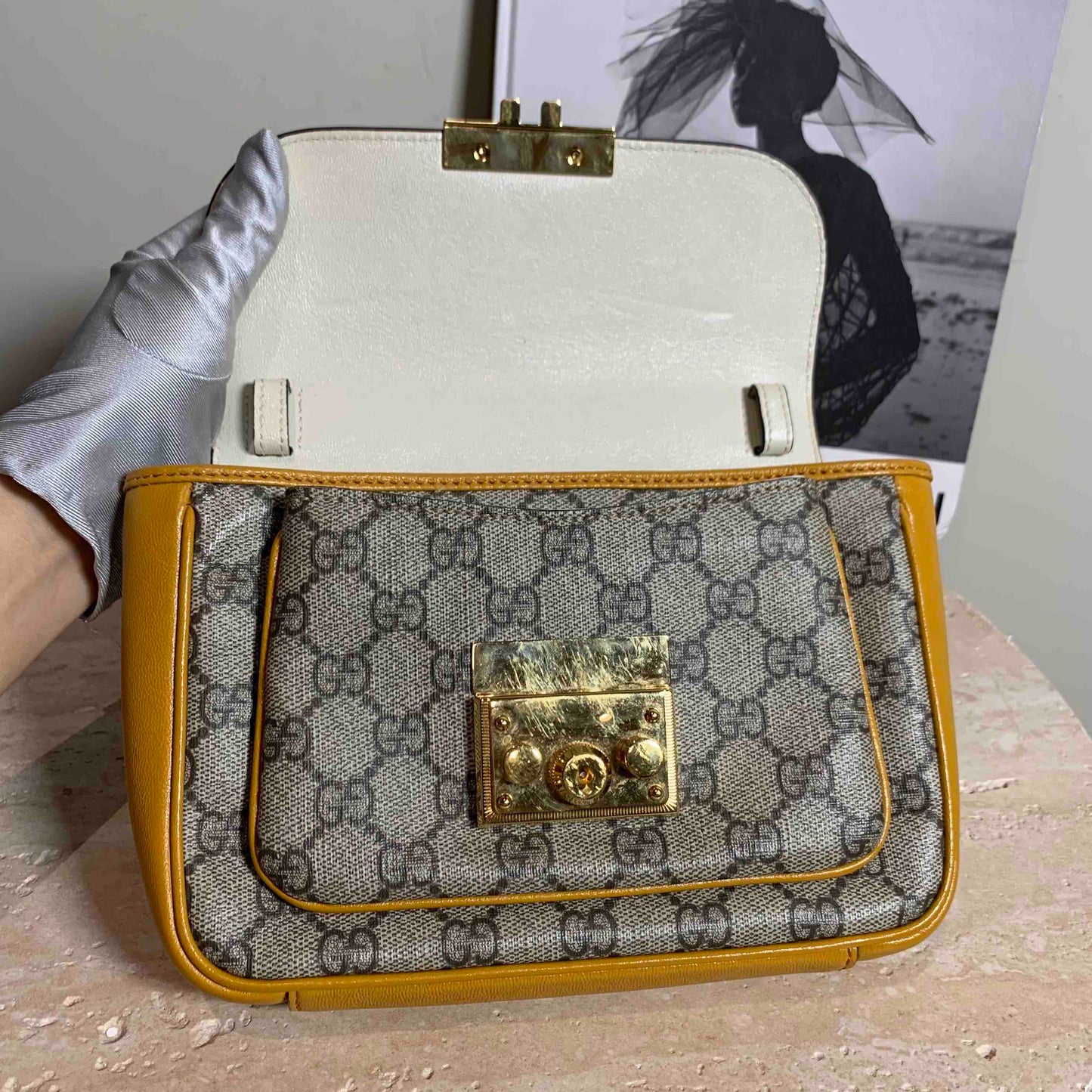 Gucci Padlock Messenger Bag Beige Brown Canvas Leather Medium