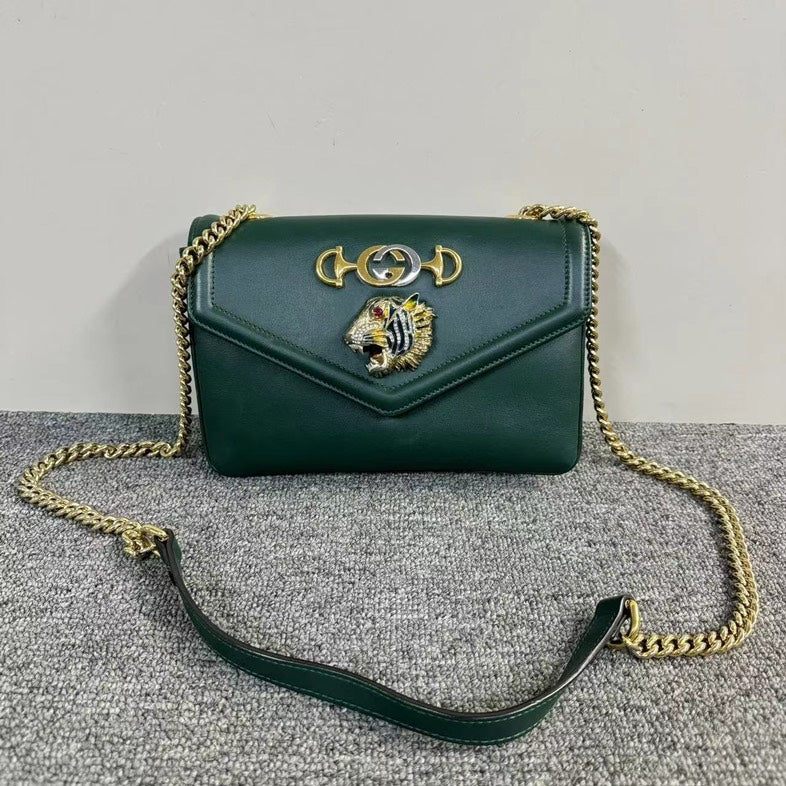 Gucci Green Leather Chain Bag Tiger Detail Small