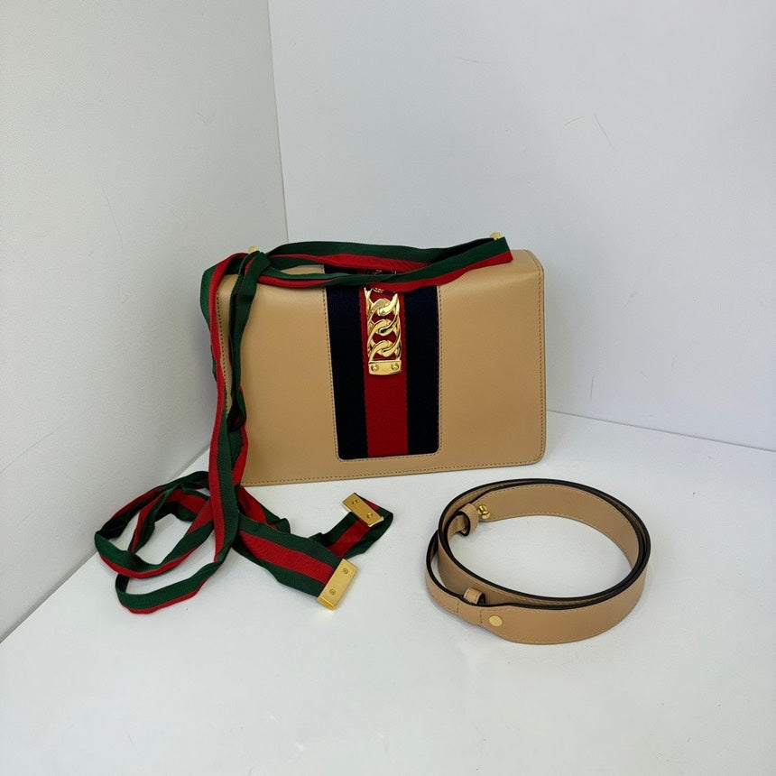 Gucci Sylvie Beige Leather Shoulder Bag 25cm
