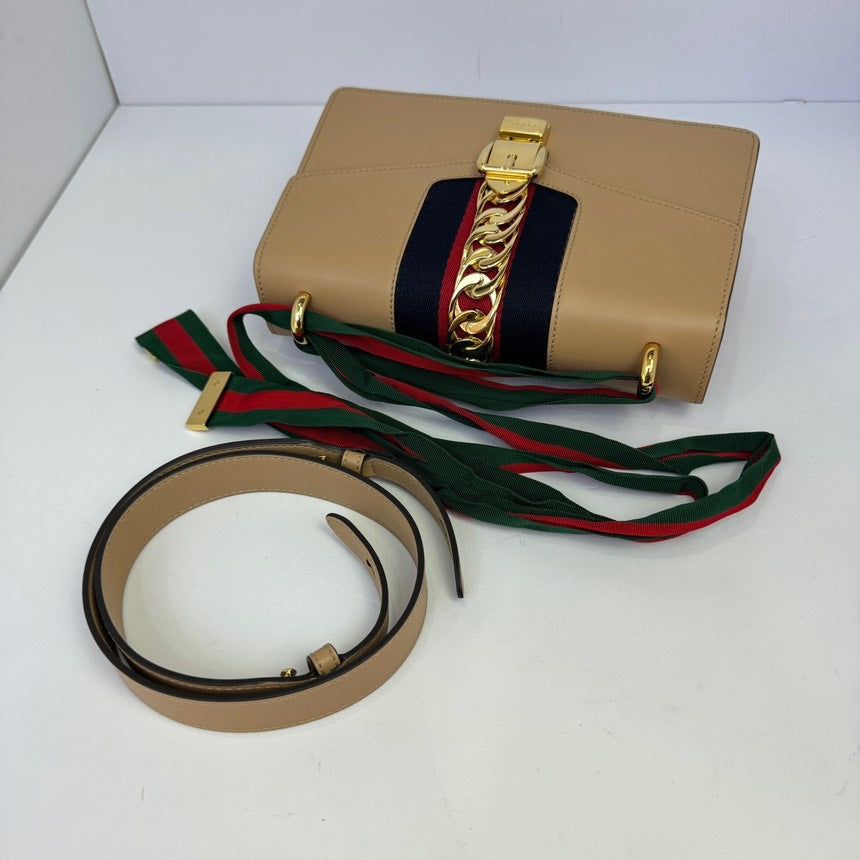 Gucci Sylvie Beige Leather Shoulder Bag 25cm