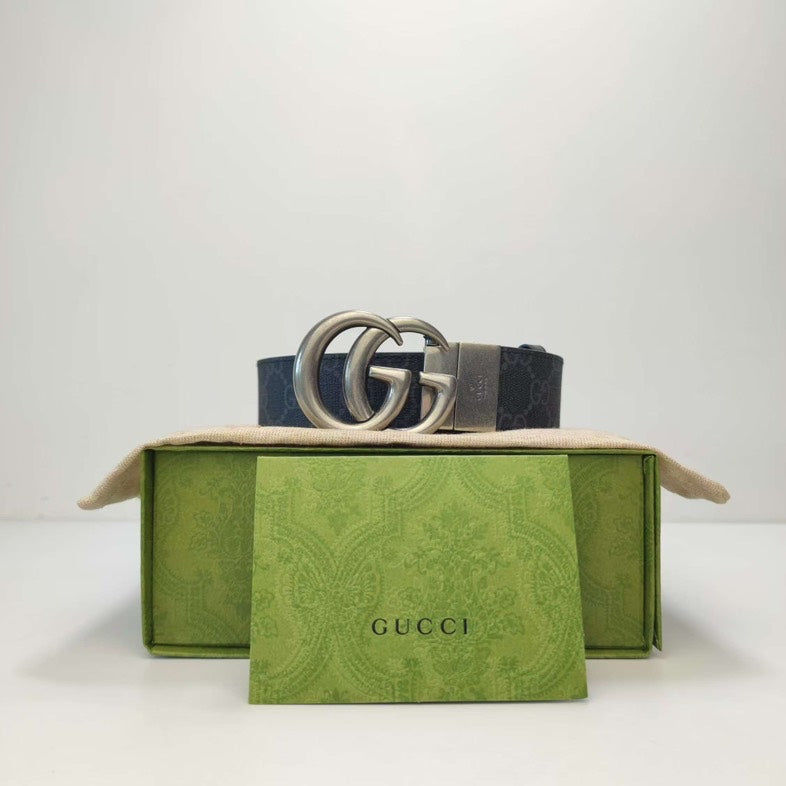 Gucci Black GG Canvas Belt with Silver Buckle Fullset and Receipt
