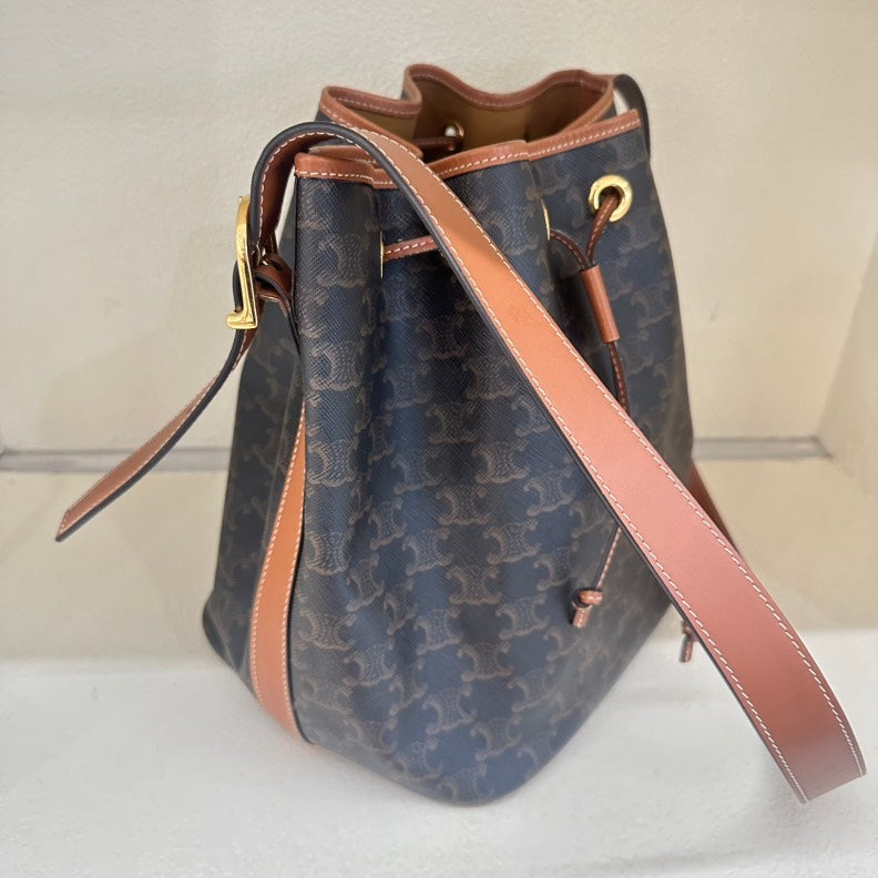 Celine Triomphe Canvas Tan Leather Bucket Bag Medium