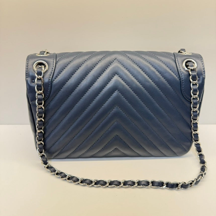 Chanel Chevron Navy Lambskin Single Flap Bag Medium