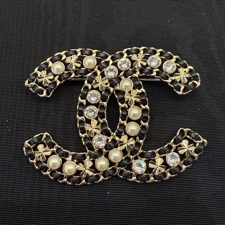 Chanel Coco Gold Black Pearl Crystal Brooch
