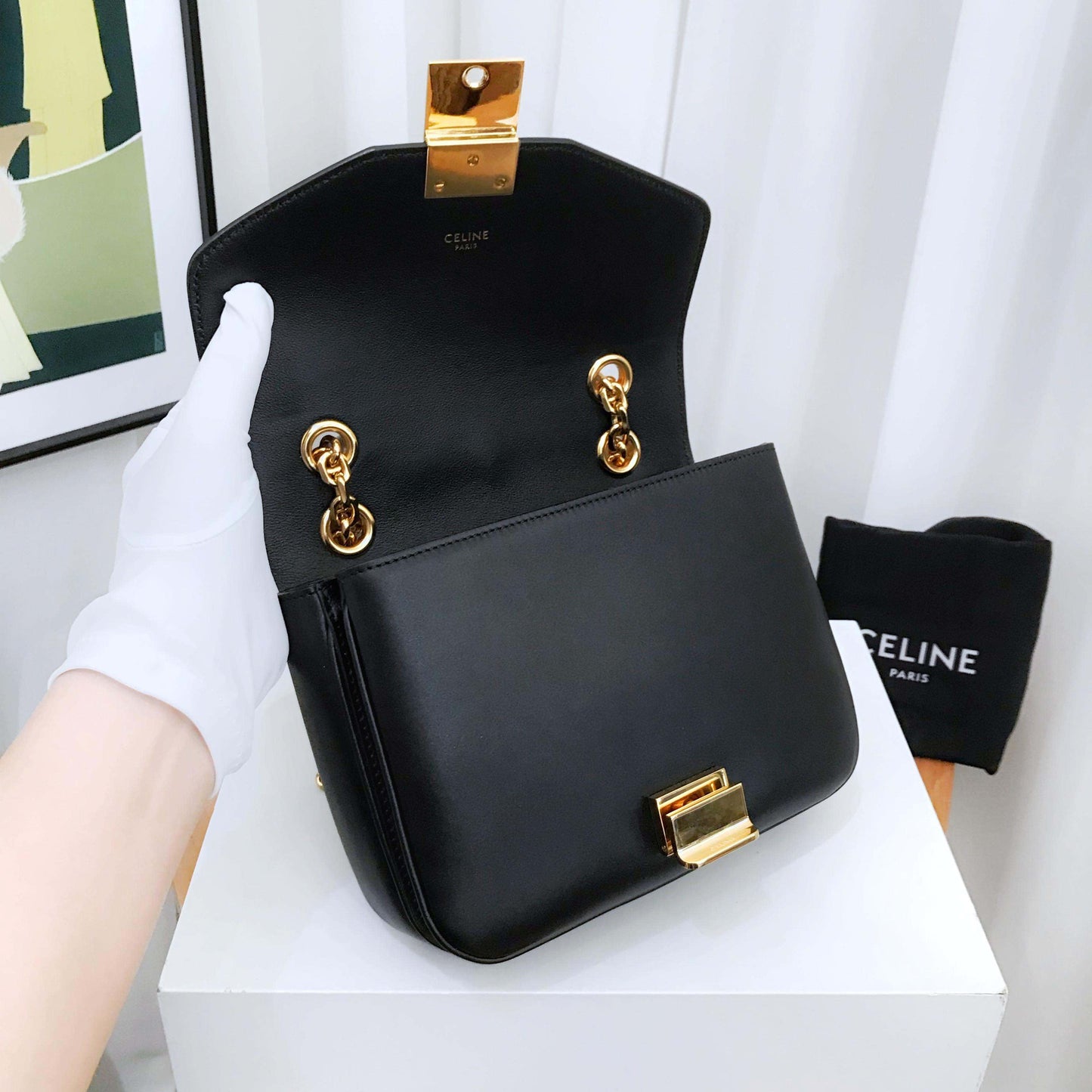 Celine C Bag Black Leather Chain Strap Small
