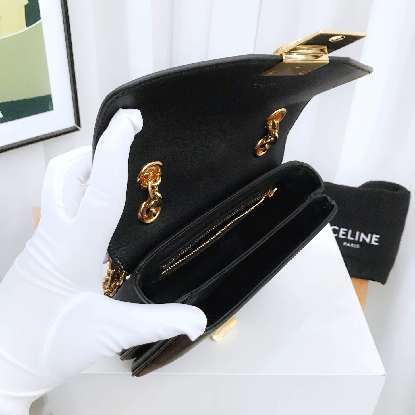 Celine C Bag Black Leather Chain Strap Small