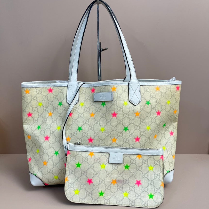 Gucci GG Star Beige Canvas Tote Bag with Pouch Medium
