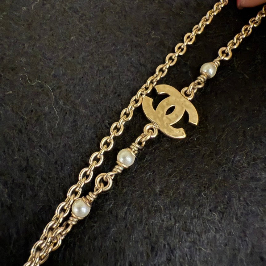 Chanel Rhinestone Flower Necklace Gold Pearl