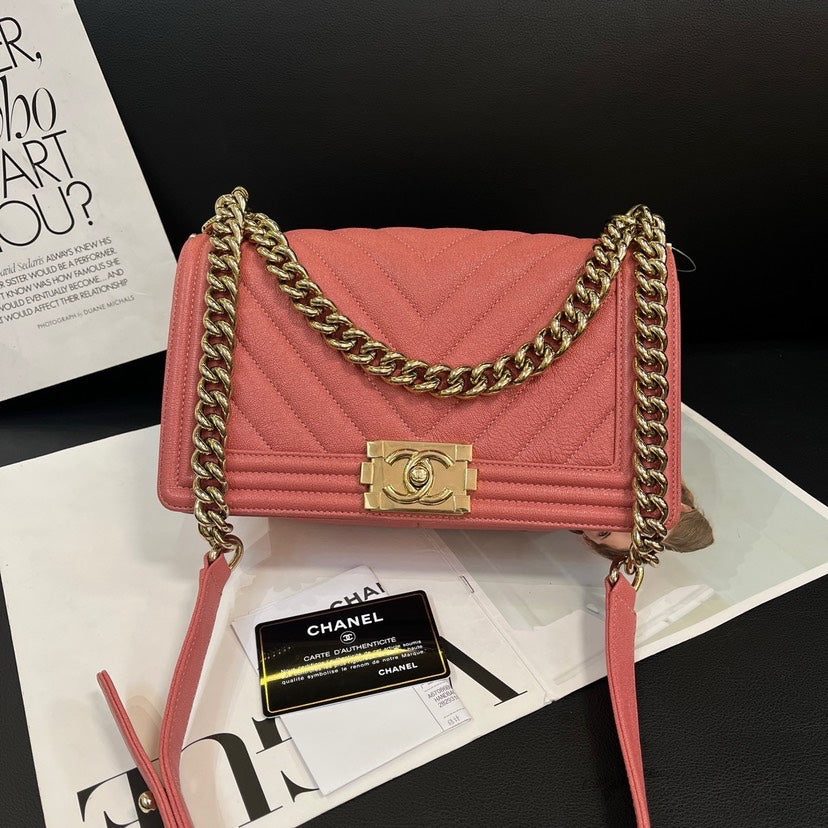 Chanel Nude Pink Litchi V Pattern Medium Leboy 25cm Bag